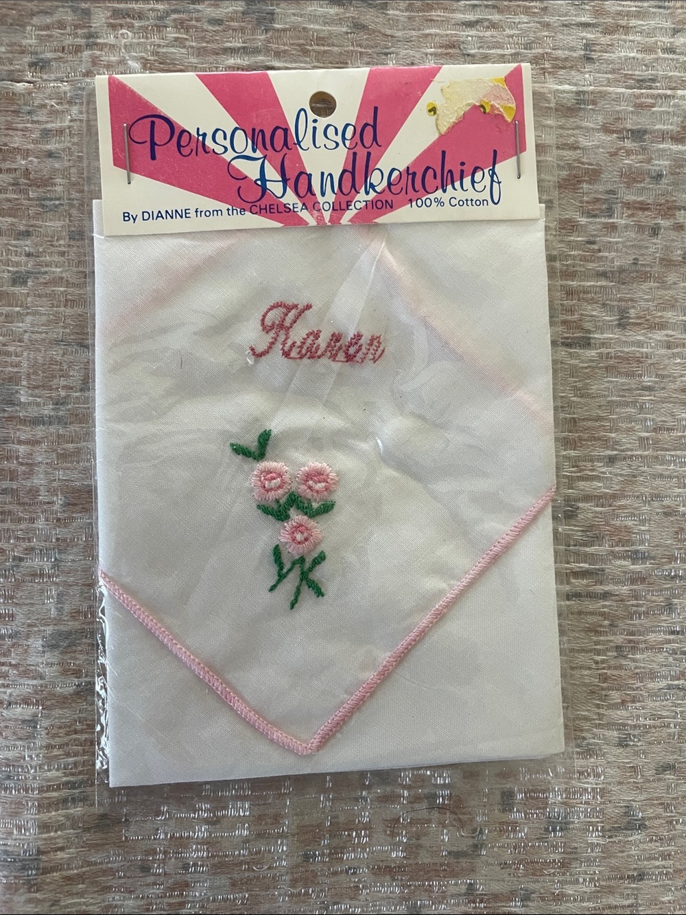 Personalised Handkerchief "Karen" Pink Trim with Floral Embroidery